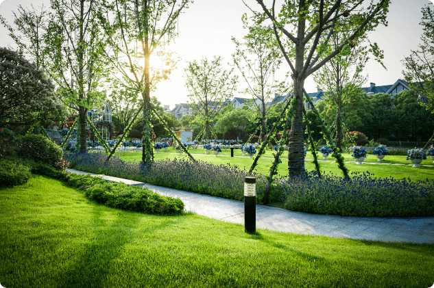 Gartenpark mit Wegen und Beleuchtung